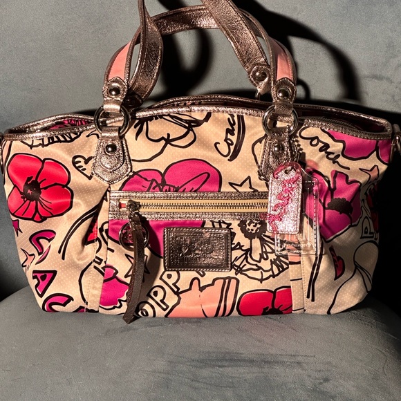 Coach Poppy Beige Floral Satin Metallic Leather Shoulder Bag L1071-16306 - Picture 3 of 12